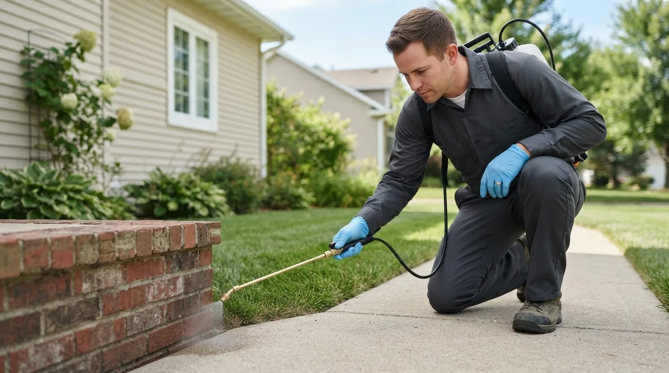 Pest control technician treating a home near North Franklin, CT